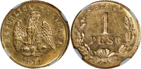 MEXICO. Gold Peso, 1871-Go S. Guanajuato Mint. NGC MS-61.

Fr-161; KM-410.3. An appealing example of this wholesome specimen, yielding a vibrant eye...