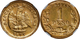 MEXICO. Gold Peso, 1873-Cn P. Culiacan Mint. NGC MS-62.

Fr-160; KM-410.2. A pleasing example, with good brilliant luster and limited instances of h...