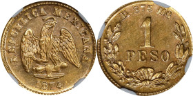 MEXICO. Gold Peso, 1874/3-Mo M. Mexico City Mint. NGC MS-63.

Fr-157; KM-410.5. A beautiful Choice example, delivering a softly lustrous eye appeal ...