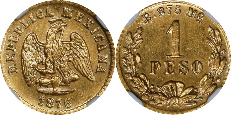 MEXICO. Gold Peso, 1876/5-Mo B/M. Mexico City Mint. NGC Unc Details--Cleaned.
...