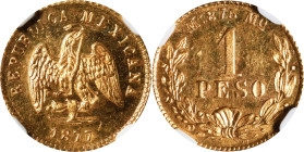 MEXICO. Gold Peso, 1877-Mo M. Mexico City Mint. NGC MS-64+.

Fr-157; KM-410.5. The finest certified of the date on the NGC population report. This b...