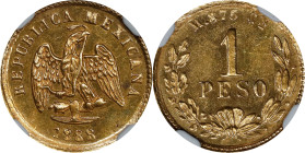 MEXICO. Gold Peso, 1888-Cn M. Culiacan Mint. NGC MS-62.

Fr-160; KM-410.2. A very attractive specimen, with a brilliant luster and strongly struck d...