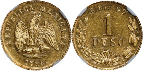 MEXICO. Gold Peso, 1888-Go R. Guanajuato Mint. NGC MS-62.

Fr-164; KM-410.3. Nicely lustered and handsome, this nearly-Choice example delivers much ...