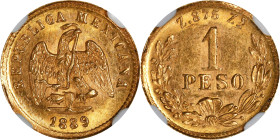 MEXICO. Gold Peso, 1889-Zs Z. Zacatecas Mint. NGC MS-63.

Fr-164; KM-410.6. Mintage: 492. Tied for second finest certified of the date with four oth...