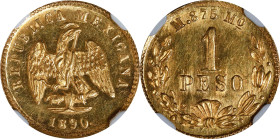 MEXICO. Gold Peso, 1890-Mo M. Mexico City Mint. NGC MS-62.

Fr-157; KM-410.5. Mintage: 570. Visually superb for the grade with vibrant flash in the ...