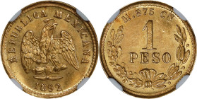 MEXICO. Gold Peso, 1892-Cn M. Culiacan Mint. NGC MS-64.

Fr-160; KM-410.2. Beautifully alluring and engaging, this near-Gem glows with a soft shimme...