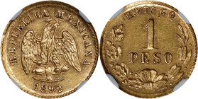 MEXICO. Gold Peso, 1892-Go R. Guanajuato Mint. NGC MS-60.

Fr-161; KM-410.3. Strongly detailed and appealing, this Mint State Peso has much commenda...