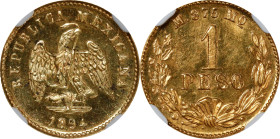 MEXICO. Gold Peso, 1894-Mo M. Mexico City Mint. NGC MS-64.

Fr-157; KM-410.5. Mintage: 6,244. On the cusp of full prooflike quality, this lovely nea...