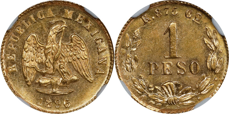 MEXICO. Gold Peso, 1896/5-Go R. Guanajuato Mint. NGC MS-64.

Fr-161; KM-410.3....