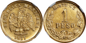 MEXICO. Gold Peso, 1897-Cn M. Culiacan Mint. NGC MS-62.

Fr-160; KM-410.2. Pleasant in all facets, this Peso glimmers and gleams with a highly engag...