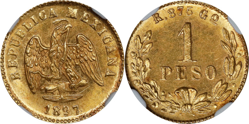 MEXICO. Gold Peso, 1897/6-Go R. Guanajuato Mint. NGC MS-64.

Fr-161; KM-410.3....