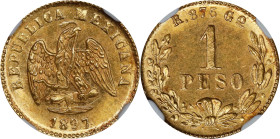 MEXICO. Gold Peso, 1897/6-Go R. Guanajuato Mint. NGC MS-64.

Fr-161; KM-410.3. An attractive nearly-Gem example, with a brimming luster and bold det...