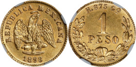 MEXICO. Gold Peso, 1898-Go R. Guanajuato Mint. NGC MS-61.

Fr-161; KM-410.3. A beautiful example, with full details and a gold-orange luster that is...
