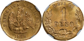 MEXICO. Gold Peso, 1899-Go R. Guanajuato Mint. NGC MS-62.

Fr-161; KM-410.3. A most pleasing specimen, with beautiful luster and eye appeal aboundin...