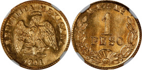 MEXICO. Gold Peso, 1901/801-Mo M. Mexico City Mint. NGC MS-64.

Fr-157; KM-410.5. Mintage: 8,293. Variety with large date. A pleasing near Gem examp...