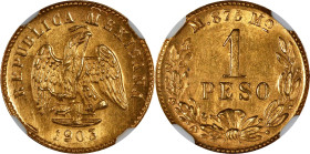 MEXICO. Gold Peso, 1903-Mo M. Mexico City Mint. NGC MS-62.

Fr-157; KM-410.5. Mintage: 10,000 for the date. Variety with small date, not listed on t...