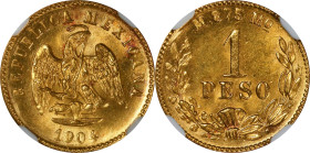 MEXICO. Gold Peso, 1904-Mo M. Mexico City Mint. NGC MS-64.

Fr-157; KM-410.5. Mintage: 9,845. This handsome near Gem little minor exhibits satiny lu...