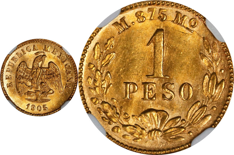 MEXICO. Gold Peso, 1905-Mo M. Mexico City Mint. NGC MS-64+.

Fr-157; KM-410.5....