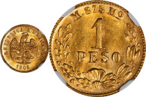 MEXICO. Gold Peso, 1905-Mo M. Mexico City Mint. NGC MS-64+.

Fr-157; KM-410.5. Mintage: 3,429. The single third finest certified on the NGC populati...