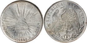 MEXICO. Peso, 1898-Go RS. Guanajuato Mint. NGC MS-63.

KM-409.1. Fresh argent luster highlights a bold strike on this Crown-sized decimal type. Perh...