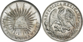 MEXICO. Peso Restrike, "1898"-Mo AM (1949). San Francisco Mint. PCGS MS-65.

KM-409.2. A charming Peso restrike with full frosty surfaces and a touc...
