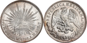 MEXICO. Peso Restrike, "1898"-Mo AM (1949). San Francisco Mint. NGC MS-64+.

KM-409.2. Entirely bright with a dash of tone near the edges on both si...