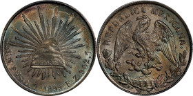 MEXICO. Peso, 1899-Zs FZ. Zacatecas Mint. PCGS MS-64.

KM-409.3. Gorgeous sheens of iridescent amber, green, cobalt blue, and warm grays are suffuse...