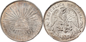 MEXICO. Peso, 1902-Cn JQ. Culican Mint. NGC MS-62.

KM-409. Toned on the obverse with virtually white reverse surfaces.

Estimate: $150.00- $250.0...