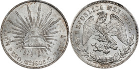 MEXICO. Peso, 1908-Mo GV. Mexico City Mint. PCGS MS-63.

KM-409.2. Solidly struck and awash with vibrant satiny appeal, this Choice example leaves l...