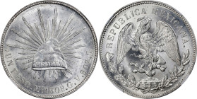 MEXICO. Peso, 1908-Mo GV. Mexico City Mint. NGC MS-63.

KM-409.2. Bright white and exceptionally flashy. The obverse exhibits scattered hits in the ...