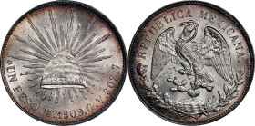MEXICO. Peso, 1909-Mo GV. Mexico City Mint. PCGS MS-64+.

KM-409.2. An argent near-Gem with soft luster across lilac-gray surfaces that deepen into ...