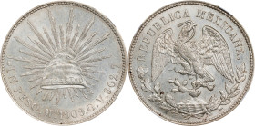 MEXICO. Peso, 1909-Mo GV. Mexico City Mint. NGC MS-63.

KM-409.2. Fully resounding and Choice, this specimen glistens with a decided argent and unto...