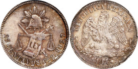 MEXICO. 25 Centavos, 1886/66-Go R. Guanajuato Mint. PCGS MS-62.

KM-406.5. Highly original with a base of deep gray color and russet highlights arou...