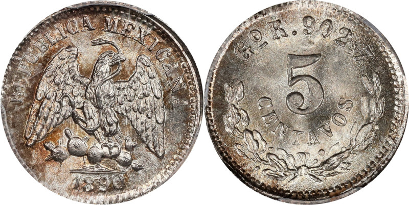 MEXICO. 5 Centavos, 1890-Go R. Guanajuato Mint. PCGS MS-66.

KM-398.5. Tied wi...