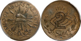 MEXICO. Aguascalientes. 2 Centavos, 1915. PCGS AU-58.

KM-602.2; GB-7. Variety with square-front "2". A wholesome example of this Revolutionary mino...