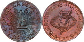 MEXICO. Chihuahua. 5 Centavos, 1915. Chihuahua Mint. PCGS MS-65 Red Brown.

KM-613. One of the more alluring examples of the type that one can hope ...