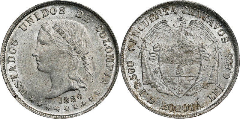 COLOMBIA. 50 Centavos, 1880. Bogota Mint. PCGS MS-63.

KM-177.1; Restrepo-308....