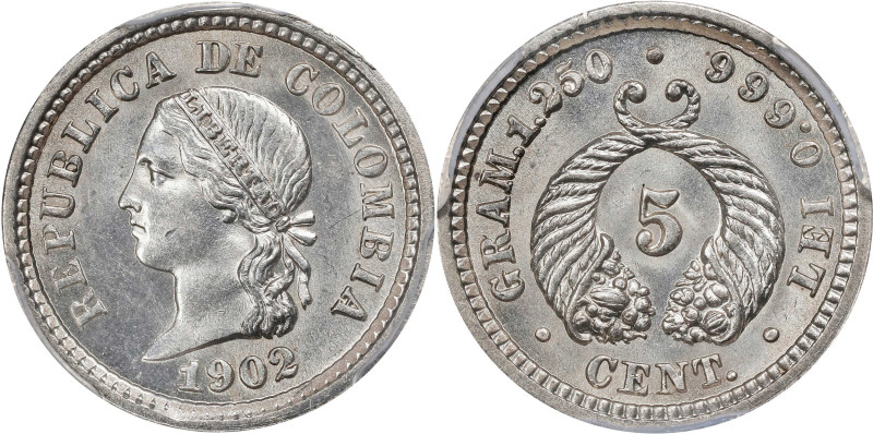 COLOMBIA. 5 Centavos, 1902. Philadelphia Mint. PCGS MS-65.

KM-191; Restrepo-3...