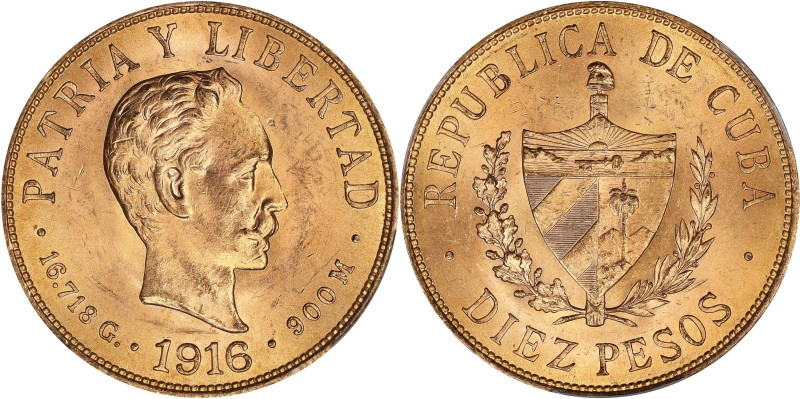 CUBA. 10 Pesos, 1916. Philadelphia Mint. PCGS MS-64.

Fr-3; KM-20. Golden-yell...