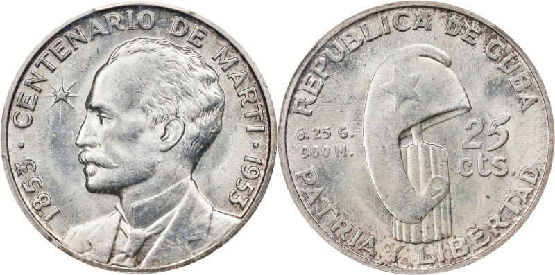 CUBA. 25 Centavos, 1953. Philadelphia Mint. PCGS MS-64.

KM-27. A pleasing nea...