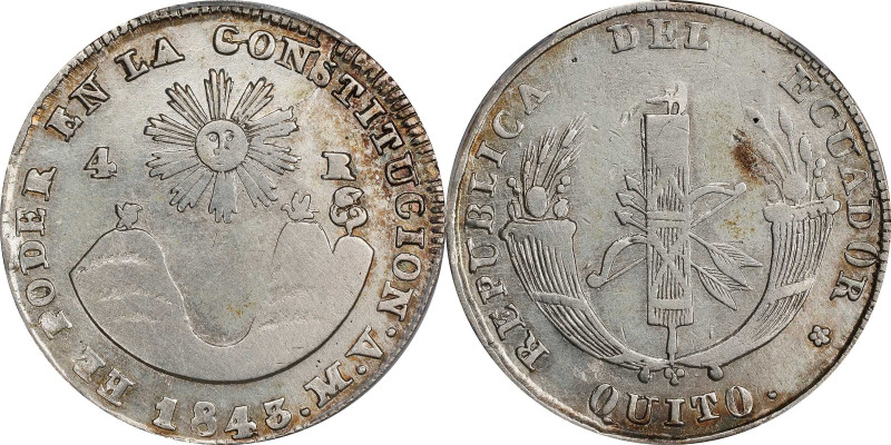 ECUADOR. 4 Reales, 1843-QUITO MV. Quito Mint. PCGS Genuine--Cleaned, EF Details....