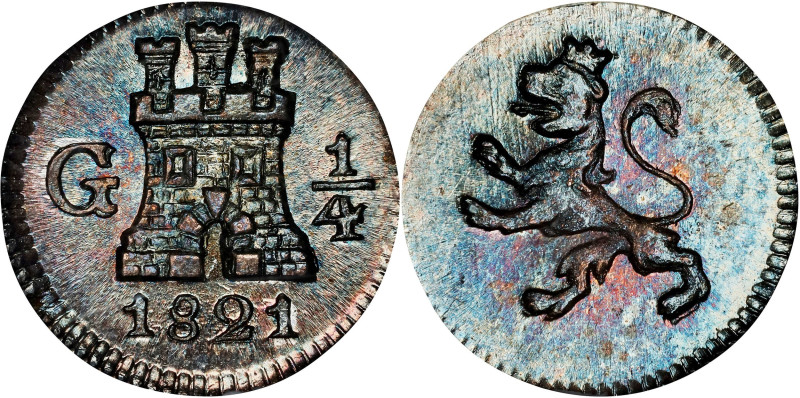 GUATEMALA. 1/4 Real, 1821-G. Nueva Guatemala Mint. Ferdinand VII. ANACS MS-67.
...