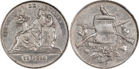 GUATEMALA. Peso, 1872-P. Guatemala City Mint. NGC AU Details--Cleaned.

KM-197.1. A SCARCE early date in the series, unfortunately cleaned at some p...