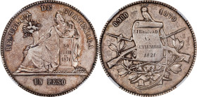GUATEMALA. Peso, 1879-D. NGC EF-40.

KM-200. Mintage: 10,000. Date and fineness at top of reverse. Small wreath on reverse. A SCARCE issue from a mi...