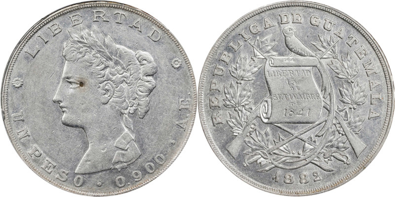 GUATEMALA. Peso, 1882-AE. Nueva Guatemala Mint. PCGS AU-55.

KM-208. A charmin...