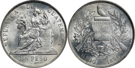 GUATEMALA. Peso, 1894. Guatemala City Mint. PCGS MS-64.

KM-210. A beautiful and impressive near-Gem specimen, this Peso is rich with alluring luste...