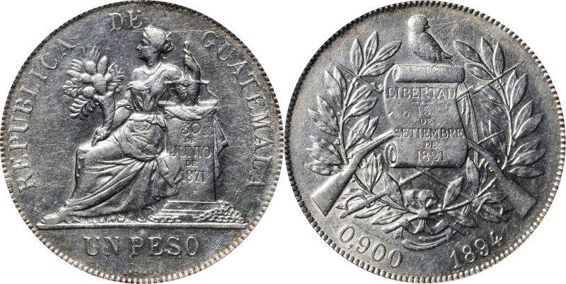 GUATEMALA. Peso, 1894-H. Birmingham (Heaton) Mint. ICG AU-50.

KM-210. An exam...