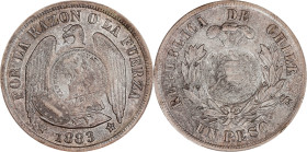 GUATEMALA. Guatemala - Chile. Peso, 1894. Guatemala City Mint. PCGS AU58; Countermark: AU Details.

KM-21. Bifacial countermark: 1/2 Real design on ...