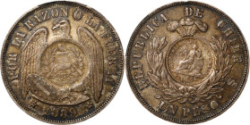 GUATEMALA. Guatemala - Chile. Peso, 1894. Guatemala City Mint. PCGS AU-55; Countermark: AU Details.

KM-216; Jovel-Type VIII. Issued by decree of Ju...