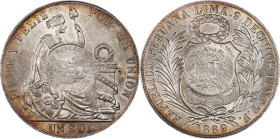 GUATEMALA. Guatemala - Peru. Peso, 1894. Guatemala City Mint. PCGS MS-61; Countermark: Unc Details.

KM-224. Bifacial countermark: 1/2 Real design o...